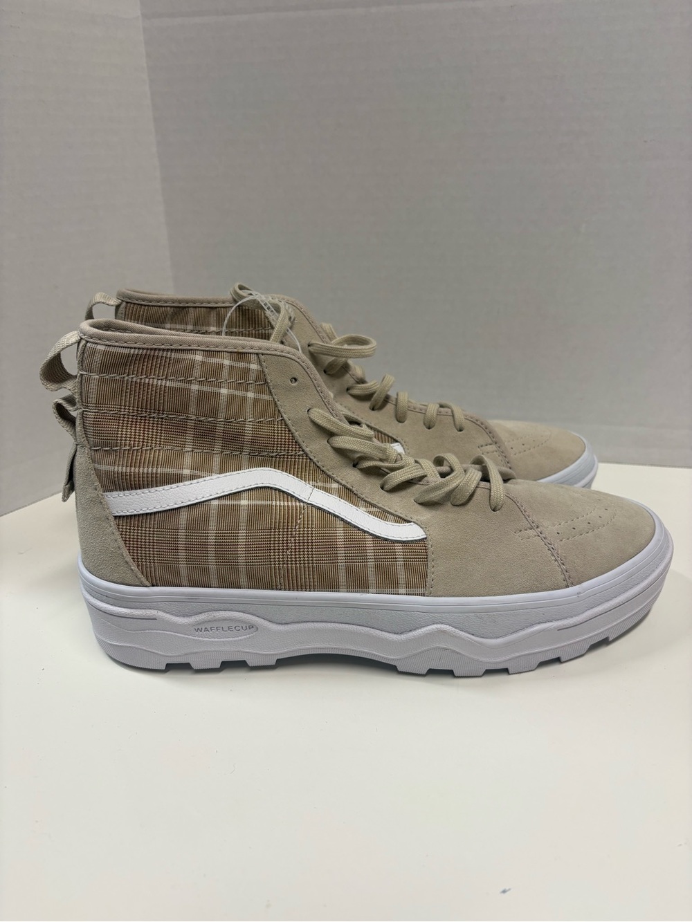 Vans Men's Waffle Cup High-Top Sneakers in Beige Plaid with White Stripe